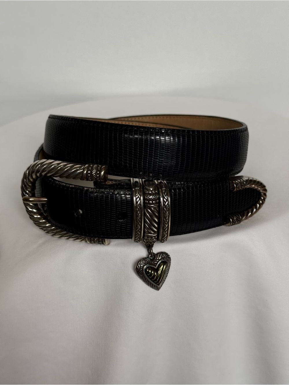 Brighton Black Leather Belt with details on buckle tip and Heart charm